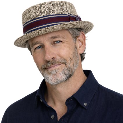 Modrý porkpie klobouk od Fiebig - dvoubarevná stuha