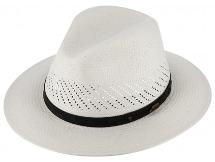Letní bílý slaměný klobouk Fedora - ručně pletený - s koženou stuhou - Ekvádorská panama