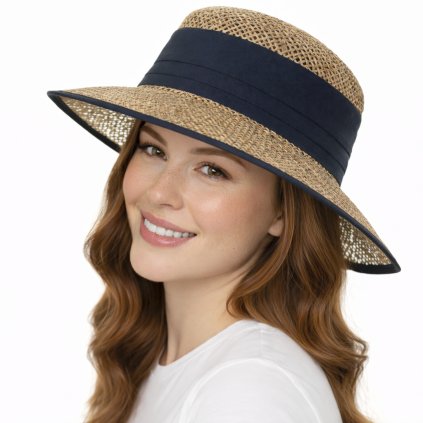 Dámský letní slaměný (mořská tráva) klobouk s modrou stuhou - Seeberger since 1890