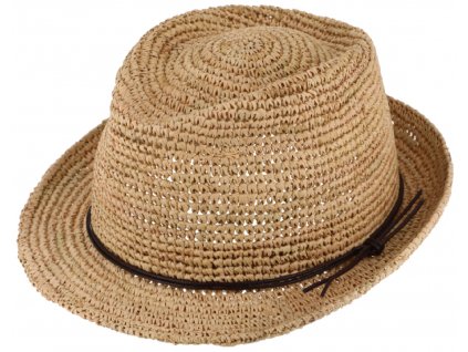Trilby Raffia slaměný béžový klobouk s koženou stuhou