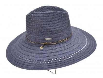 Dámský modrý letní Fedora klobouk se šňůrkou pod bradu - Seeberger
