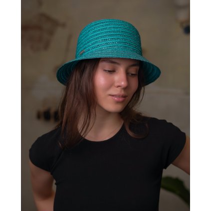 Dámský letní tyrkys klobouček Cloche s malou krempou, ochrana UV faktor 80