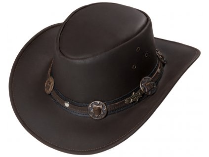 Kožený hnědý western klobouk - Stars and Stripes kožený klobouk