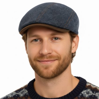 Zimní modrá bekovka driver cap od Fiebig - modrá vlna  a kůže