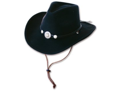 Westernový čierny klobúk s koženým remienkom a pásikom pod bradou