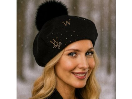 Dámska čierna zimná baretka s ozdobným lemom - Pazas