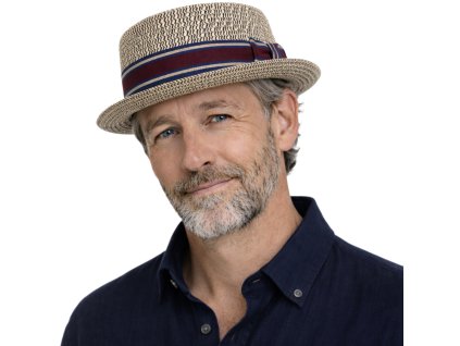 Modrý klobúk typu porkpie od Fiebig - dvojfarebná stuha