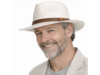 Letná biela ekvádorská panama Fedora - ručne pletený - s koženou stuhou