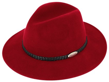 Červený klobúk fedora plstený - červený s koženým pleteným pásikom - Fiebig