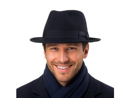 Klasický trilby klobúk vlnený so strednou krempou Bogart - modrý s modrou stuhou