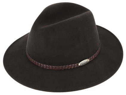 Hnedý klobúk fedora plstený s koženým pleteným pásikom - Fiebig