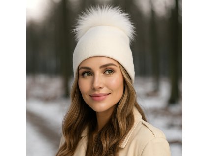 Dámska biela zimná vlnená čiapka s brmbolcom