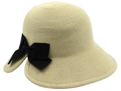 Dámsky béžový letný klobúk Cloche s čiernou mašľou