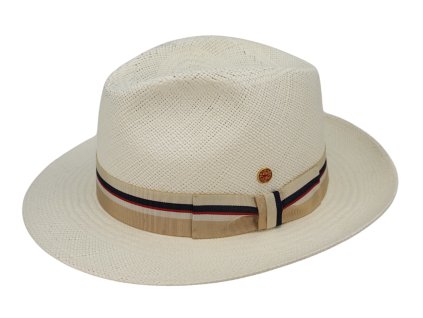 Luxusný bielený klobúk Fedora s farebnou stuhou - ručne pletený, UV faktor 80 - Ekvádorská panama - Mayser Albenga