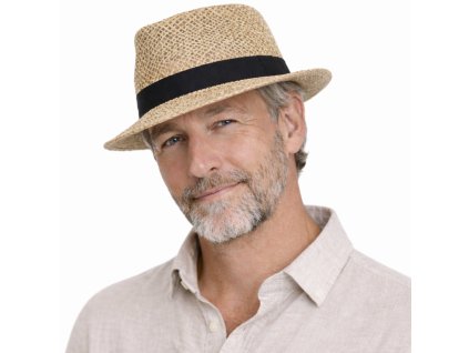 Letný pánsky klobúk Fedora z morskej trávy s čiernou stuhou