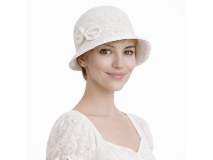 Letný dámsky nemačkavý biely klobúk s mašličkou - cloche - Seeberger