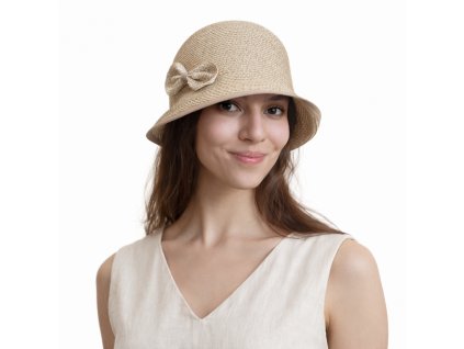Letný dámsky nemačkavý béžový klobúk s mašličkou - cloche - Seeberger