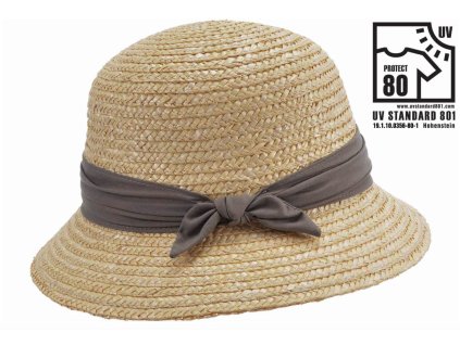 Dámsky letný béžový klobúčik Cloche s malou krempou a stuhou taupe, ochrana UV faktor 80