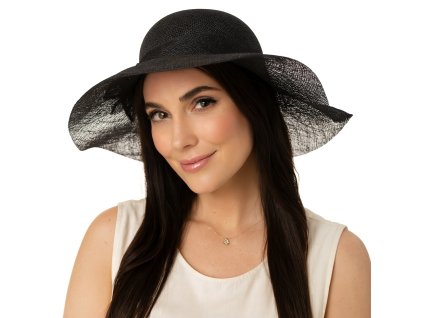 Cloche čierny slávnostný klobúk s ozdobou - zo sisalovej slamy