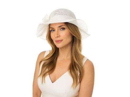 Cloche biely slávnostný klobúk s ozdobou - zo sisalovej slamy