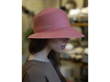 Letný dámsky nemačkavý ružový klobúk - cloche so skrátenou krempou vzadu - UV faktor 80