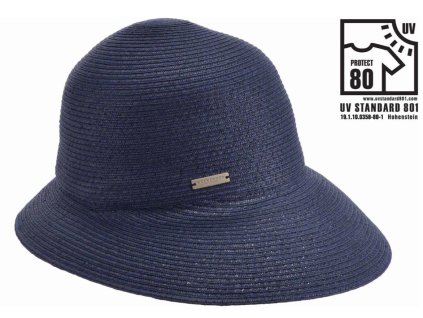 Letný dámsky nemačkavý modrý klobúk - cloche so skrátenou krempou vzadu - UV faktor 80