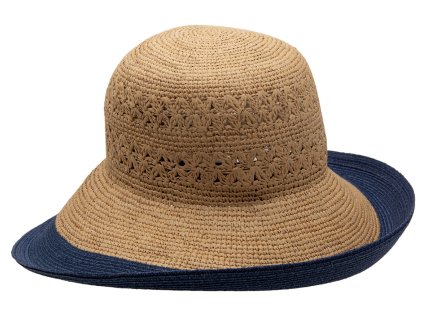 Panamský klobúk - Cloche so širšou asymetrickou krempou a tmavomodrým okrajom - Mayser Sally - UV faktor 80