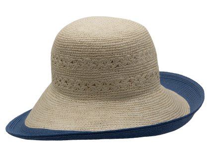 Panamský klobúk - Cloche s širšou asymetrickou krempou a modrým okrajom - Sally - UV faktor 80