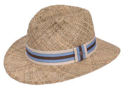 Letný slamený klobúk Fedora s modro-hnedou stuhou