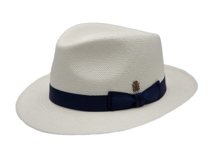 Luxusný panamský bielený klobúk Fedora Bogart s modrou stuhou - ručne pletený, UV faktor 80 - Pablito