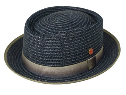 Modrý porkpie klobúk od Mayser Andy - hnedo biela stuha