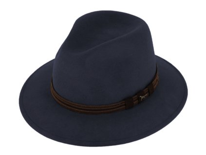 Zimný poľovnícky klobúk od Fiebig - modrý s koženou stuhou a ozdobou v tvare poľovného psa