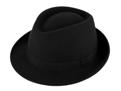 Klasický trilby klobúk vlnený s malou krempou - čierny s čiernou stuhou