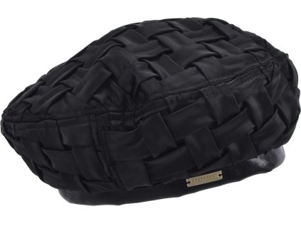 Dámsky saténový baret s koženkovým lemom – čierny