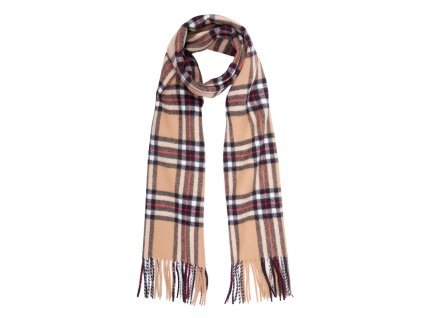 Vlnená kockovaná béžová šál s brmbolcami