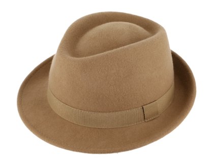 Klasický vlnený klobúk trilby s malou krempou - béžový s béžovou stuhou