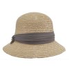 Dámsky letný béžový klobúčik Cloche s malou krempou a stuhou taupe, ochrana UV faktor 80
