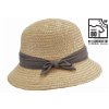 Dámsky letný béžový klobúčik Cloche s malou krempou a stuhou taupe, ochrana UV faktor 80
