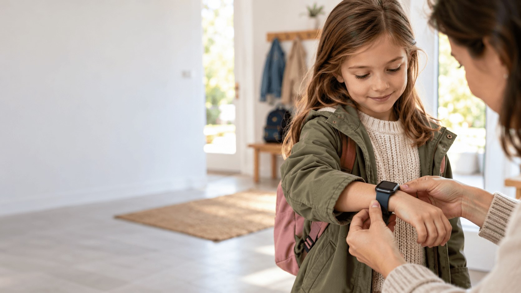 Părinte verificând brățara confortabilă a unui ceas smartwatch pentru copil