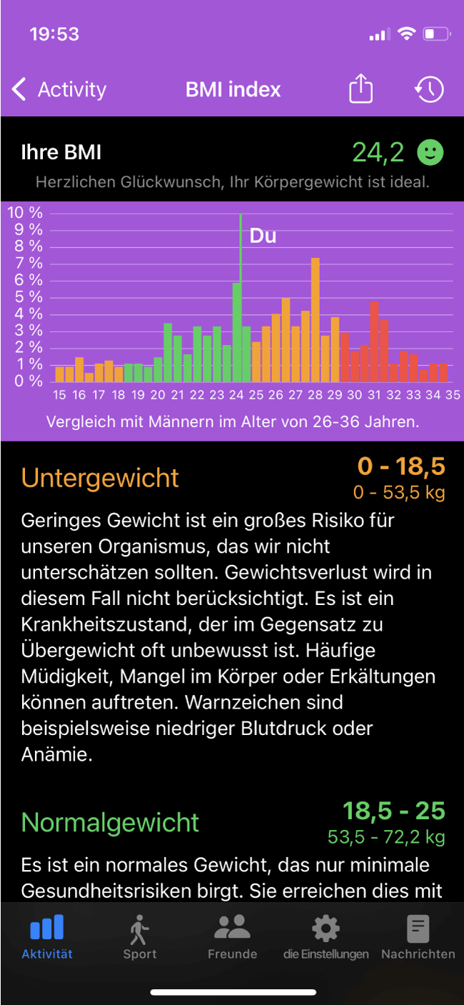 BERECHNUNG DES BMI-INDEX UND DER EINZELNEN HERZFREQUENZZONEN