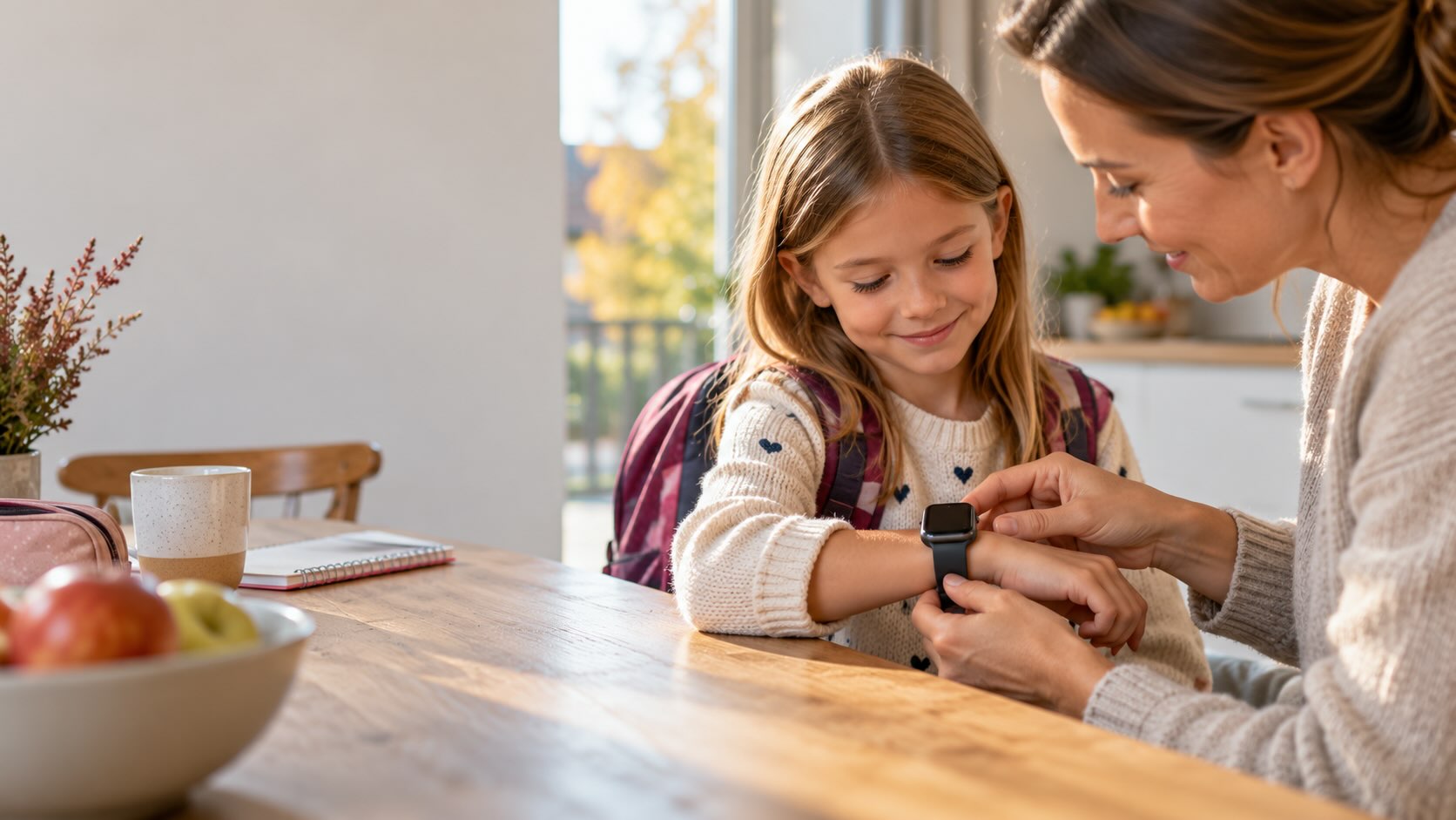Elternteil prüft vor dem Schultag die Kinder-Smartwatch am Handgelenk eines Kindes