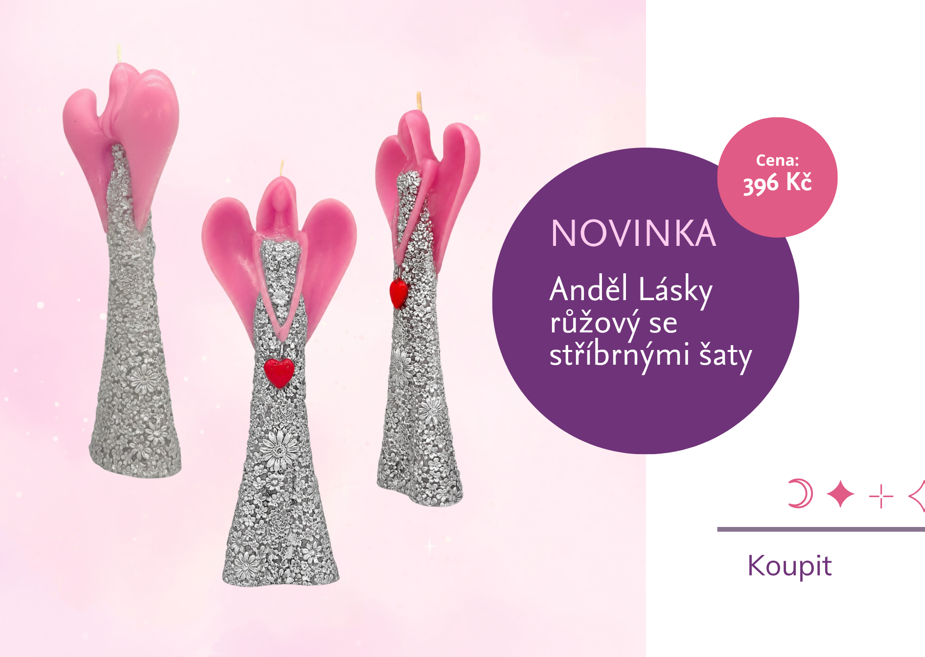 Andílek lásky růžový se stříbrnými šaty - svíčka