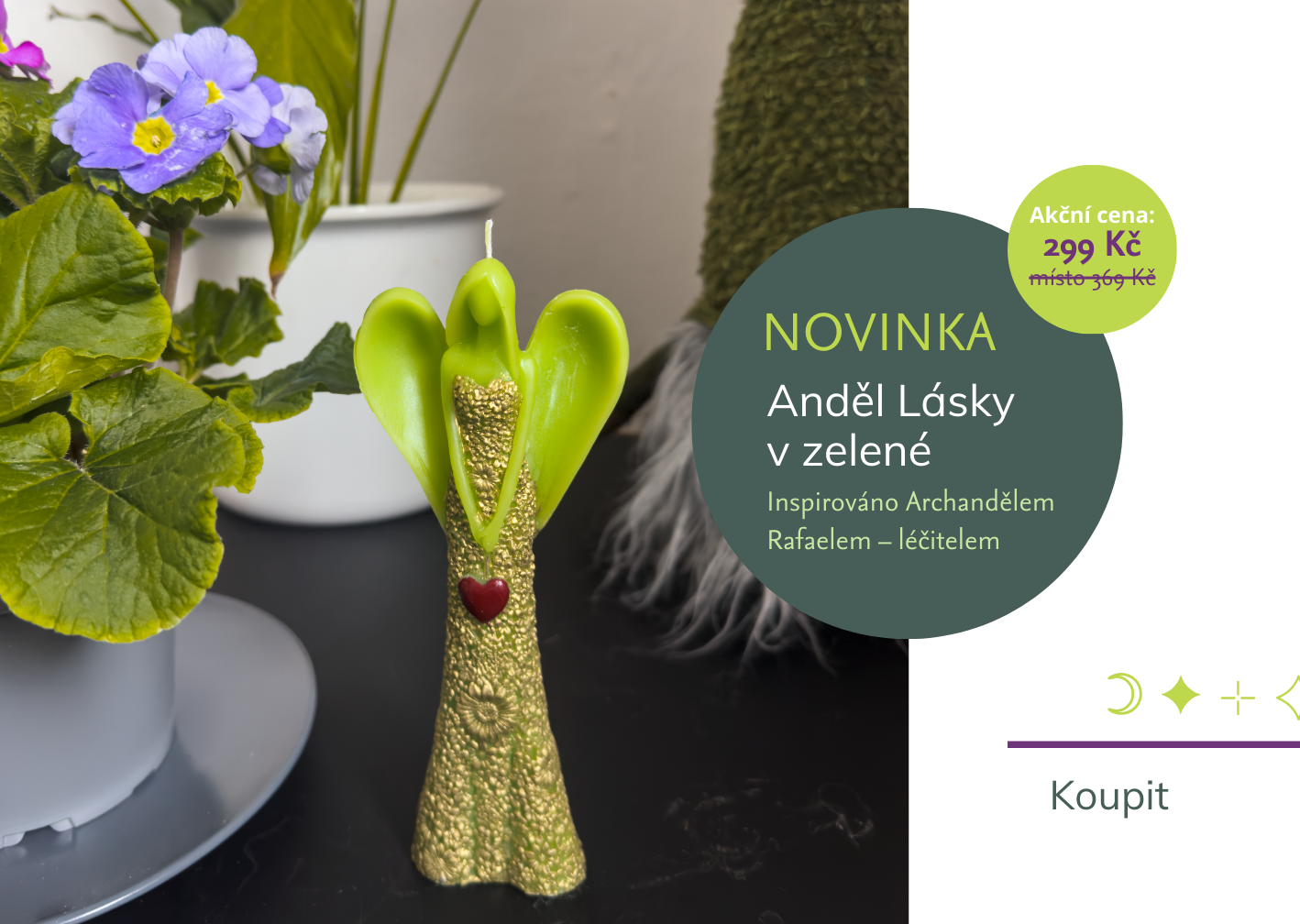 Anděl lásky svíčka v zelené barvě. Inspirováno Archandělem Rafaelem - léčitelem.