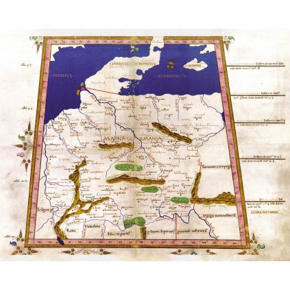 CLAUDIOS PTOLEMAIOS (asi 100–178): Magna Germania. Kolorovaná rukopisná mapa. 1470. (Druh potlače Plagát rozmer 100x80(papier posterový, 200g, satinovaný))