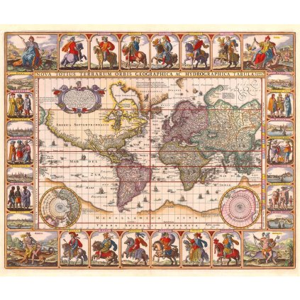 CLAES JANSZOON VISSCHER (1587-1652): Mapa sveta. Kolorovaná medirytina. Amsterdam, 1652. (Druh potlače Plagát rozmer 100x84(papier posterový, 200g, satinovaný))