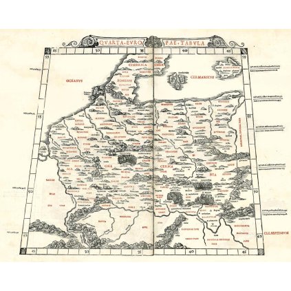 BERNARDUS SYLVANUS ( 1486-1530): Mapa strednej Európy. Kolorovaný drevorez. Benátky, 1511. (Druh potlače Plagát rozmer 100x80 (papier posterový, 200g, satinovaný))