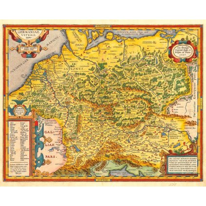 ABRAHAM ORTELIUS (1527–1598): Mapa historické Germánie. Kolorovaná medirytina. Amsterdam, 1587. (Druh potlače Plagát rozmer 100x81(papier posterový, 200g, satinovaný))
