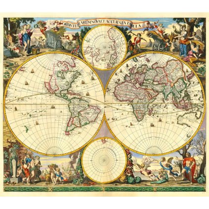FREDERICK DE WIT (1630-1706), GERARD VALCK (1650-1726): Mapa sveta. Kolorovaná medirytina. Amsterdam, 1690. (Druh potlače Plagát rozmer 100x88 (papier posterový, 200g, satinovaný))