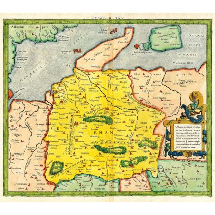 GERHARD MERCATOR (1512–1594): Mapa Germánie. Kolorovaná medirytina. Duisburg, 1579. (Druh potlače Plagát rozmer 100x88(papier posterový, 200g, satinovaný))