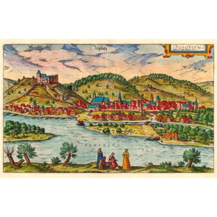 GEORG BRAUN (1541-1622), ABRAHAM HOGENBERG (1608-1653): Bratislava. Kolorovaná medirytina. Kolín nad Rýnom, 1618. (Druh potlače Plagát rozmer 100x64 (papier posterový, 200g, satinovaný))